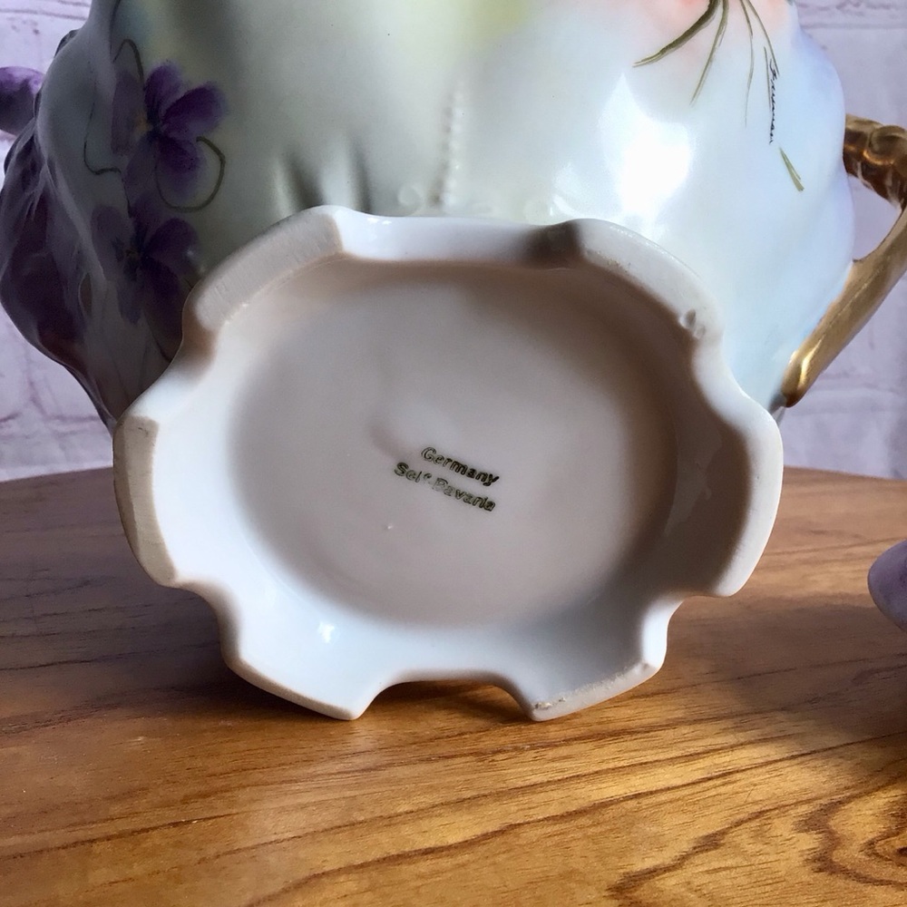 Vintage Signed Selb Bavaria Germany Purple and Blue Floral Footed Teapot - Picture 9 of 10